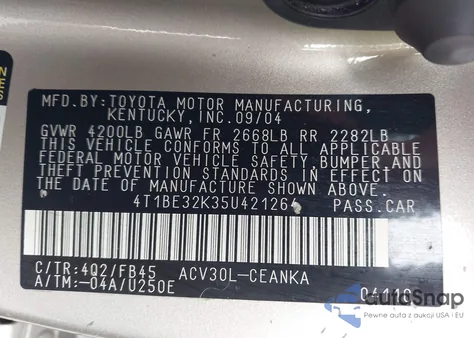 2005 Toyota Camry Le из США, поврежденный, VIN 4T1BE32K35U421264